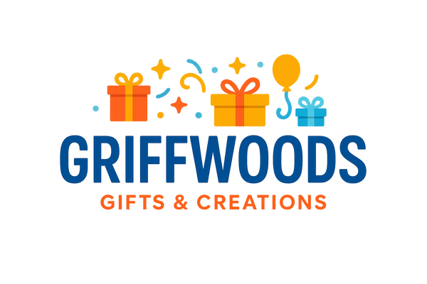 Griffwoods Gifts & Creations Logo "straight main title" "Blue main title" "Fun" "Gifts" "All Occasions"